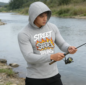 เสื้อฮู้ดกันแดดพิมพ์ลายกราฟฟิตีสีขาวแบบสั่งทำโลโก้ OEM ขายส่ง สำหรับตกปลาและกิจกรรมกลางแจ้ง - Product Image 6