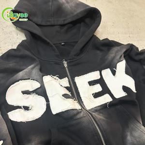 Custom Acid Wash Vintage Zip up Hoodie Hombres Apliques Bordados Desgastado Faded French Terry Hoodies Pantalones de chándal y Sudadera con capucha Conjunto - Product Image 3