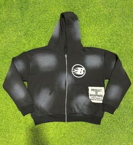 Personalizado invierno 500 Gsm transpirable Vintage Sudadera con capucha Boxy Fit diamantes de imitación francés Terry algodón desgastado DTG estampado cremallera 3D - Product Image 1