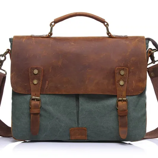 Premium cow leather retro wax canvas casual laptop shoulder cross body business office briefcase messenger bag