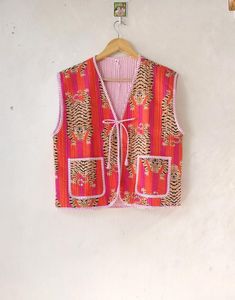 Chaqueta acolchada con estampado de tigre indio Vintage hecha a mano, nuevo estilo bohemio, Chaleco de corte corto, mangas a rayas, tejido informal de invierno - Product Image 1