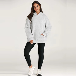 Femmes couleur unie à manches longues sport pull à capuche capuche surdimensionné grande poche Logo personnalisé lavage à l'acide Technique Badge avant - Product Image 5