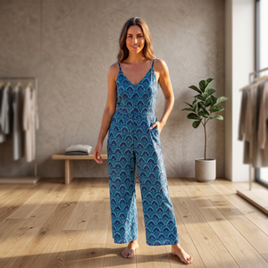 V Neck Sweet Natural Floral Geometric Print <b>Maxi</b> Jumpsuit Sleeveless Spaghetti Strap Breathable Summer Woven Cotton Casual <b>Dress</b> - Product Image 1