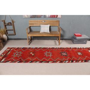 พรมวินเทจขนาด 2.7x10.4 ฟุต, พรมตุรกีแบบ Runner, พรมขนสัตว์ลายดอกไม้สีแดงเทา - Product Image 2