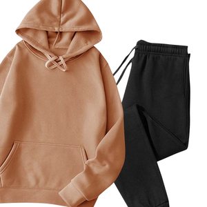 Camel Beige <b>Hoodie</b> With <b>Black</b> Jogger Tracksuit Set Unisex Winter Fleece Two Piece Casual Streetwear Sports Outfit OEM - Product Image 5