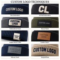Bonnet en tricot côtelé unisexe avec logo personnalisé en cuir, 100 % acrylique, chaud pour l'hiver, avec revers, pour l'extérieur, vente en gros