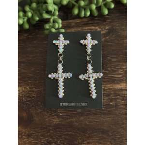 Zuni Vintage Style Purple Opal Sterling Silver Drop <b>Earrings</b> Cluster Cross <b>Post</b> Dangle Christian Symbol Gold Diamond Accents - Product Image 1