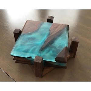Factory Supply <b>Top</b> Quality Customize Modern Classic Style Epoxy Wood & <b>Resin</b> Coaster Set of 4 With Holder - Product Image 1