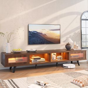 Mueble de Entretenimiento de Madera Extra Largo, Estilo Moderno de Mediados de Siglo, con Iluminación LED, Mueble para TV con Vidrio Estriado, Muebles para Sala de Estar - Product Image 1