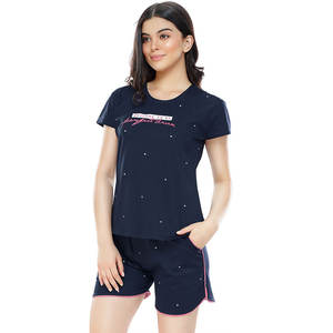 Trendy Navy Blue <b>Womens</b> <b>T</b>-<b>Shirt</b> <b>and</b> <b>Shorts</b> <b>Set</b> Lightweight Best Quality Lounge Co-ord <b>Set</b> For Ladies Casual Summer Two-Piece <b>Set</b> - Product Image 4