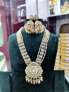 ชุดเครื่องประดับหินเงาอินเดียโบราณโบราณแบบดั้งเดิมเครื่องประดับที่ดีสร้อยคอเจ้าสาวและเครื่องสวมศีรษะสำหรับงานแต่งงานที่หรูหรา - Product Image 3