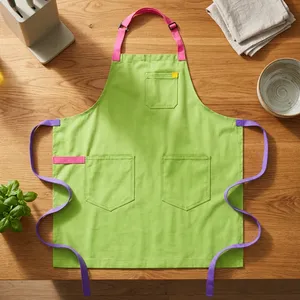 Delantal Verde con Tirantes Rosa y Morado, Lona Resistente, Reutilizable, Lavable a Máquina, Estilo Simple para Uso Diario - Product Image 1