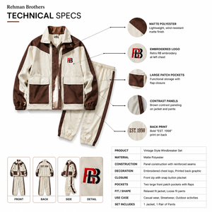 Conjunto Deportivo para Hombre en Color Crema y Marrón, Chaqueta Cortavientos de Nailon, Estilo Deportivo, Cuello Camisero, Ropa de Otoño - Product Image 5
