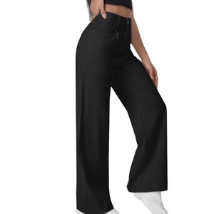 Jeans en denim pour femmes, coupe droite, respirant, décontracté, taille haute, coton et polyester, toutes tailles et couleurs disponibles - Product Image 1