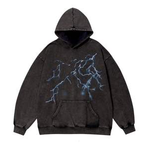 Sweat à capuche oversize noir imprimé 100% coton mélangé à épaules tombantes coupe ample streetwear vintage délavé à l'acide pour hommes - Product Image 1