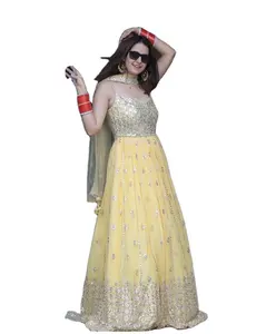 Stunning Fashioned Mirror work Golden Blouse With Georgette Fabric Party Wear Lehenga For Women