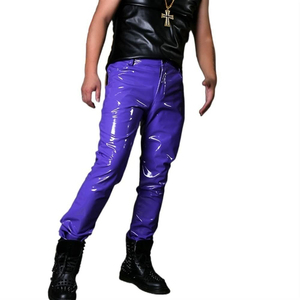 Pantalones de cuero puro para motocicleta brillantes personalizados, pantalones ajustados para fiesta de discoteca para hombre, pantalones para actuación en escenario - Product Image 4