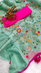 Bollywood Beautiful Soft <b>Organza</b> <b>Silk</b> Multi Color Sari Woven Border and All Over Multi Color Heavy Embroidery Work - Product Image 4