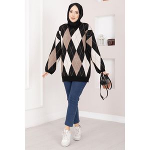 Pull en tricot surdimensionné à motif Baklava décontracté d'automne en noir - Product Image 1
