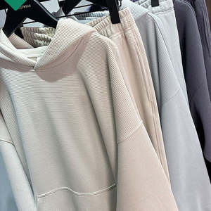 Jersey de peso pesado para hombre, chándal de algodón tejido con gofres, sudaderas con capucha y pantalones de chándal sólidos, conjunto de dos piezas para correr de primavera - Product Image 4