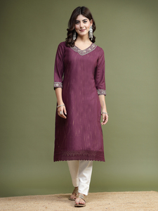 Kurtis para Mujer, Color Morado, Bordado, Adornado con Estampado Digital de Ramas, Manga 3/4, Poliéster, MP-683, Precio al por Mayor en India - Product Image 6