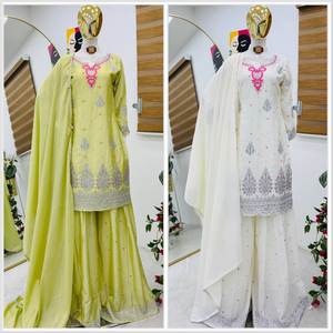 Nouveau pakistanais conçu Sharara & Dupatta pour les costumes de mariage pakistanais indiens, entièrement broderie travail lourd Chinnon soie - Product Image 3