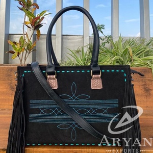 Botte point noir daim cuir frange sac fourre-tout pour femmes Western Turquoise point dissimulé transporter en cuir véritable sac à bandoulière - Product Image 1