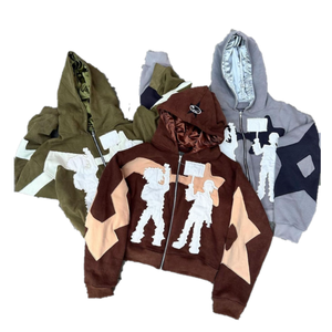 Fabricant personnalisé de sweat à capuche brodé en détresse veste zippée en strass lavage à l'acide 500 GSM hommes polaire Streetwear à capuche - Product Image 4