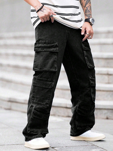Men's High Quality Dark Wash Jeans Loose <b>Fitting</b> Straight Leg with Multi Pocket Design Multi-Color High Street Casual Style - Product Image 2