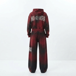 Conjunto de dos piezas para mujer: Sudadera corta con cremallera y pantalones deportivos de pierna ancha con efecto degradado y pedrería - Product Image 3