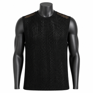 Chaleco de punto sin mangas de malla de ganchillo negro para hombre, estilo urbano, camiseta sin mangas de verano, venta al por mayor personalizada - Product Image 1