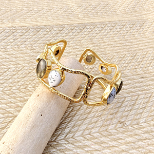 Designer adjustable cuff <b>bracelet</b> natural stone labradorite with dendritic <b>opal</b> textured <b>bracelet</b> 18k gold plated wide band cuff - Product Image 4