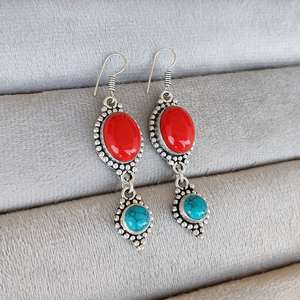 Turquoise et rouge corail Multi pierre boucle d'oreille 92.5 argent plaqué oreille fil boucle d'oreille balancent boucle d'oreille à la main Boho bijoux cadeau - Product Image 6