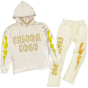 Sudadera con capucha de peso pesado para hombre, con logo bordado personalizado OEM, efecto desgastado, lavado ácido, estilo chándal con pantalón acampanado - Product Image 3