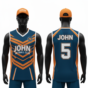 Camiseta de Netball para Hombre, 150 GSM, Poliéster Interlock, Azul Marino con Paneles Naranja, Diseño que Absorbe la Humedad, Logotipo Sublimado - Product Image 1