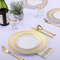 175 pièces de vaisselle jetable pour mariage et fête, assiettes en plastique avec bord doré, vaisselle de table avec motif de grille dorée et bord doré
