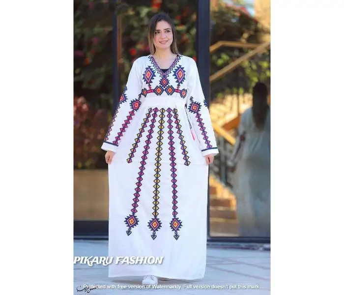 Frauen verschiedene Stickerei Langarm Baumwolle Kleidung Modedesigner Handmade boden langes Maxi kleid