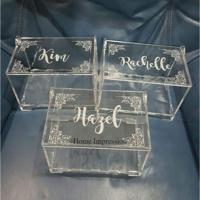 Attractive Look Laser Engraving Customized Names and Designs Set of 3 Transparent Clear Acrylic Made Wedding Gift Cards Box