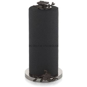 Silver Shiny Polished Hammered Texture Stainless Steel Paper <b>Towel</b> <b>Holder</b> With <b>Black</b> Color Powder Coated Flowers & Buds Design - Product Image 1