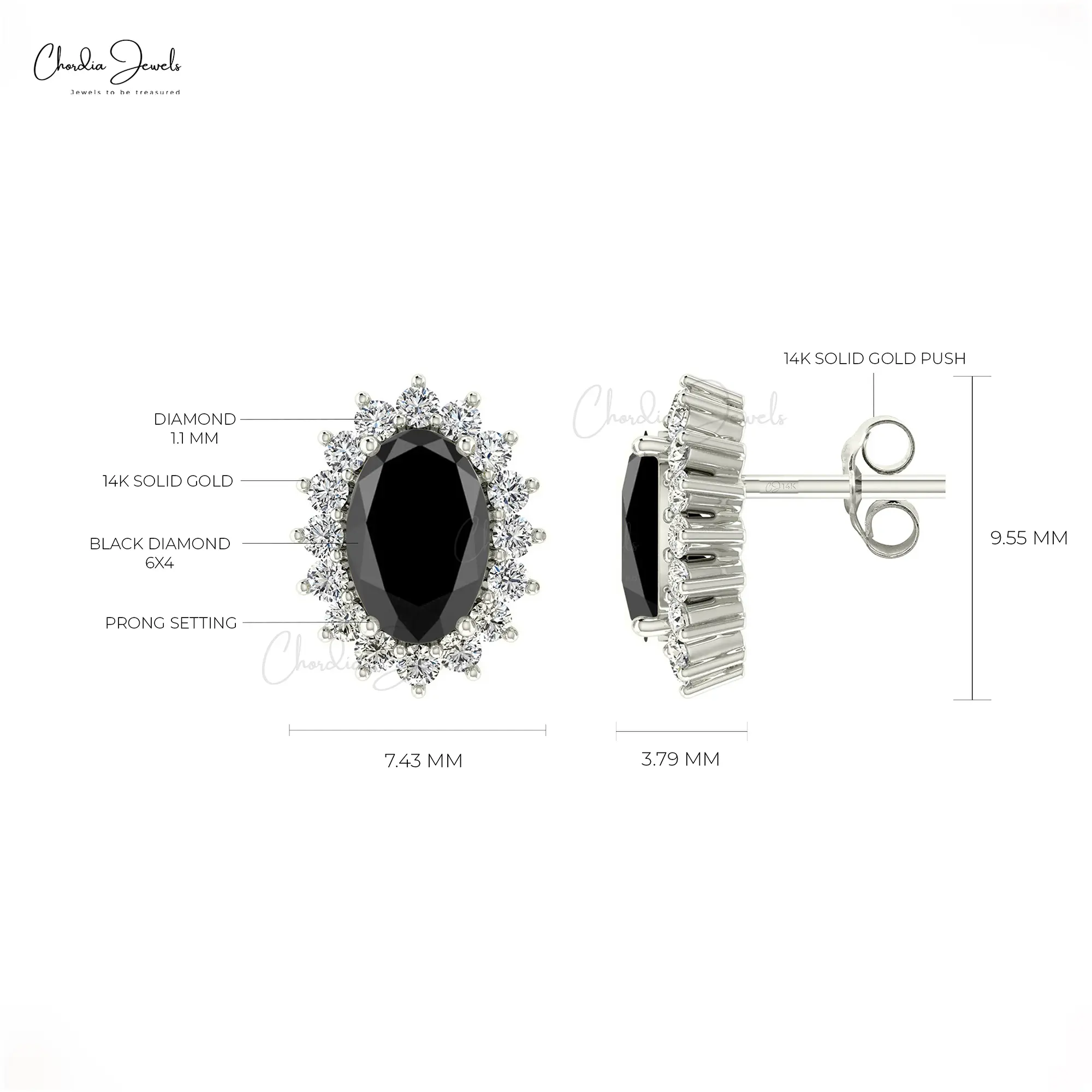 14K Massief Gouden Diamanten Oorbellen 6X4Mm Ovaal Gesneden Handgemaakte Zwarte Diamant Sierlijke Studs Kenmerkende Sieraden Groothandel Uit India