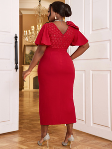 <span class=keywords><strong>Abito</strong></span> da sera con fessura laterale con fiocco asimmetrico con manica a volant rossa per natale - Product Image 3