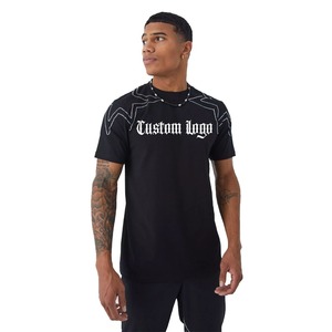 Camiseta tejida de algodón 100% con estrellas de diamantes de imitación, logotipo personalizado, ajuste relajado de gran tamaño y estampado de hombros ajustado en negro - Product Image 1