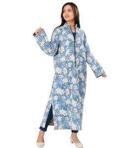 Chaqueta de invierno con estampado de bloques de mano acolchada de algodón Reversible hecha a mano de estilo indio para mujer - Product Image 1