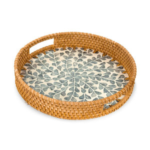Handmade Round Rattan Serving Tray with Mother Pearl Inlay Floral Wooden Base and Elegant Handles for <b>Catering</b> or Home Decor - Product Image 1