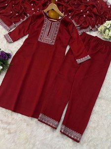 LANZAMIENTO NUEVO DISEÑADOR FESTIVE PARTY WEAR KURTA PENT con VICHITRA SEDA DUPTTA y BORDADO TRABAJO REVERSIBLE - Product Image 2