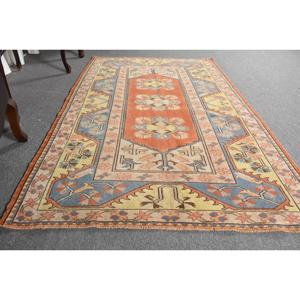 4.2x6.4 ft Area Vintage Turkish Rug, <b>Red</b> Floral <b>Wool</b> Rug - Product Image 3