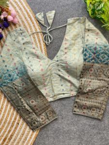 La blusa de verano tiene cuello en forma de V, tanto frented, espalda y patrón sabyasachi Blusa Jari, y trabajo de impresión de dos toneladas y multy butty - Product Image 3