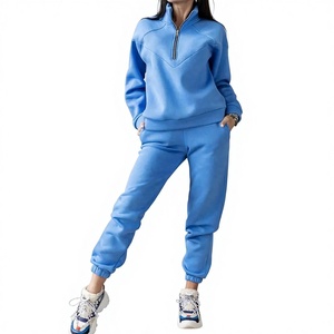 Ensemble deux pièces pour femme en molleton, pantalon de jogging et sweat à capuche court à demi-zip, ensemble de sport pour femme - Product Image 1