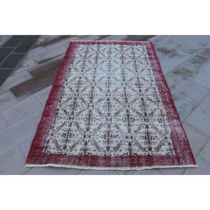 พรมขนาด 5x8 ฟุต, พรมวินเทจสไตล์ตุรกี, พรมขนสัตว์สีแดง - Product Image 1