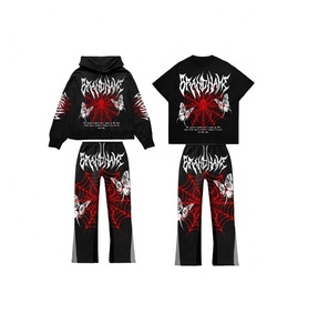 Survêtements 2 pièces en coton pour hommes, personnalisés de luxe, sweats à capuche surdimensionnés à fermeture éclair avec pantalon évasé Style décontracté pour l'hiver prix de gros - Product Image 4